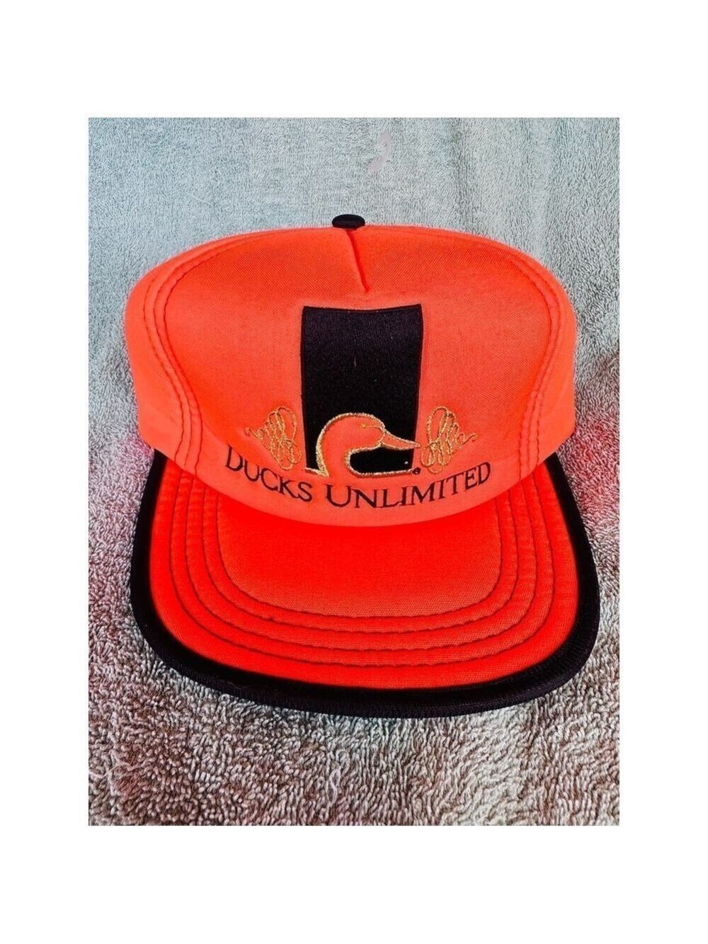 NOS Vintage Ducks Unlimited Snap Back Foam Hat Neon Orange Embroidered Hat Cap